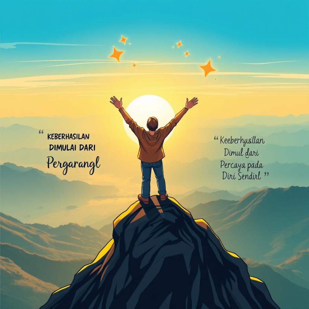 An inspiring and uplifting illustration depicting the phrase 'Keberhasilan Dimulai dari Percaya pada Diri Sendiri'