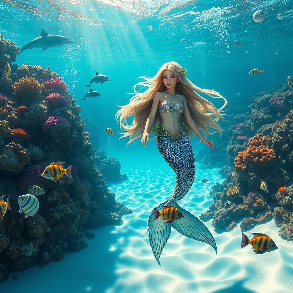 A stunning underwater scene celebrating a monthly milestone, featuring an enchanting mermaid with long flowing hair, adorned with glittering shells and seaweed as accessories
