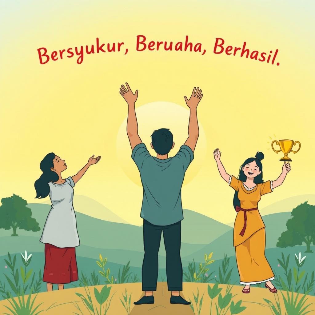 A serene and uplifting illustration that embodies the phrase 'Bersyukur, Berusaha, Berhasil'