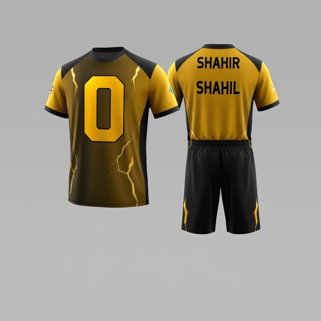 A stylish futsal uniform featuring a T-shirt and shorts design in a combination of golden and black colors