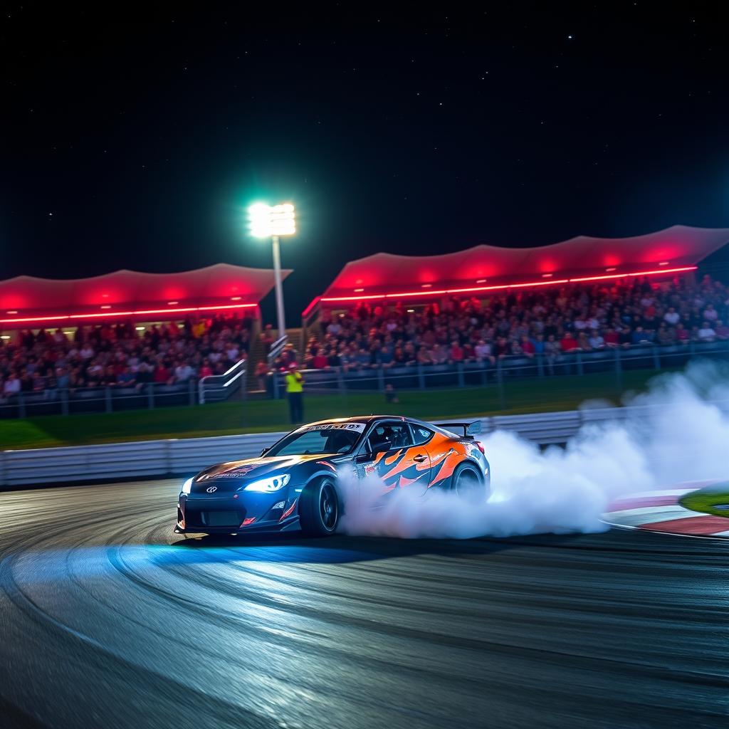 A stunning scene of a nighttime drifting track illuminated by vibrant neon lights, showcasing a high-performance sports car skillfully maneuvering around sharp corners, emitting tire smoke and a thrilling sense of speed