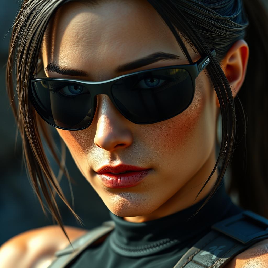 A hyper-realistic avatar of Lara Croft from Tomb Raider, wearing sleek black sunglasses and styled with hair that covers her forehead and ears, showing a dynamic ponytail