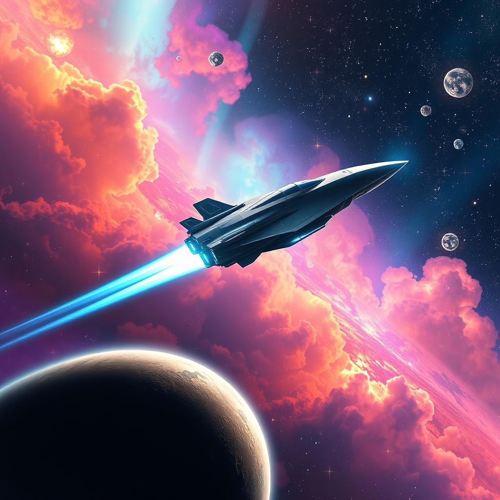 A stunning space exploration scene featuring a futuristic spacecraft soaring through vibrant nebulae and a star-studded galaxy