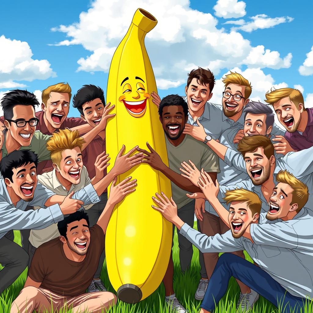 Twenty playful men engaging in a humorous scene where they are bending an oversized, cartoonish banana