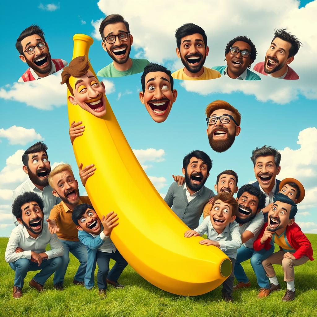 A whimsical scene featuring twenty humorous men playfully bending an enormous, cartoonish banana