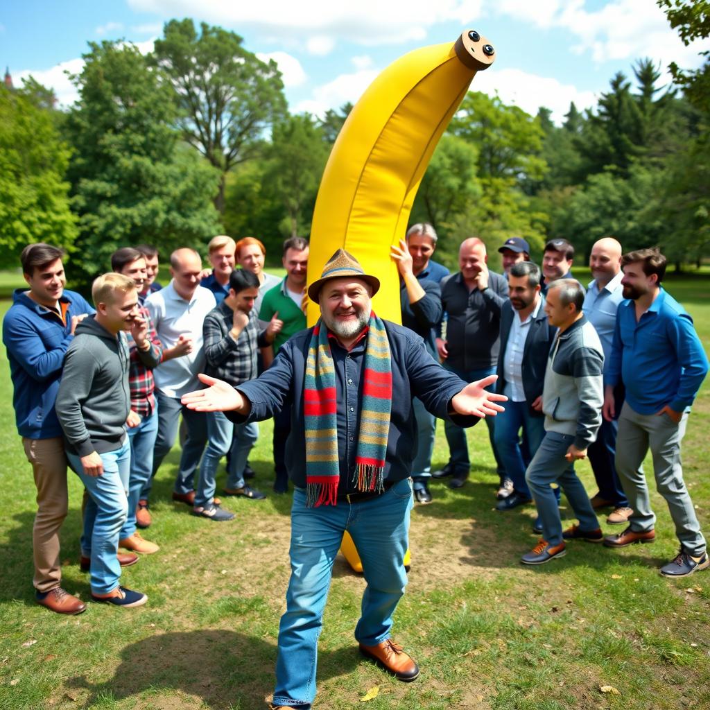 In a humorous scene, a diverse group of 19 men of various ethnic backgrounds, casually dressed, are gathered in a park