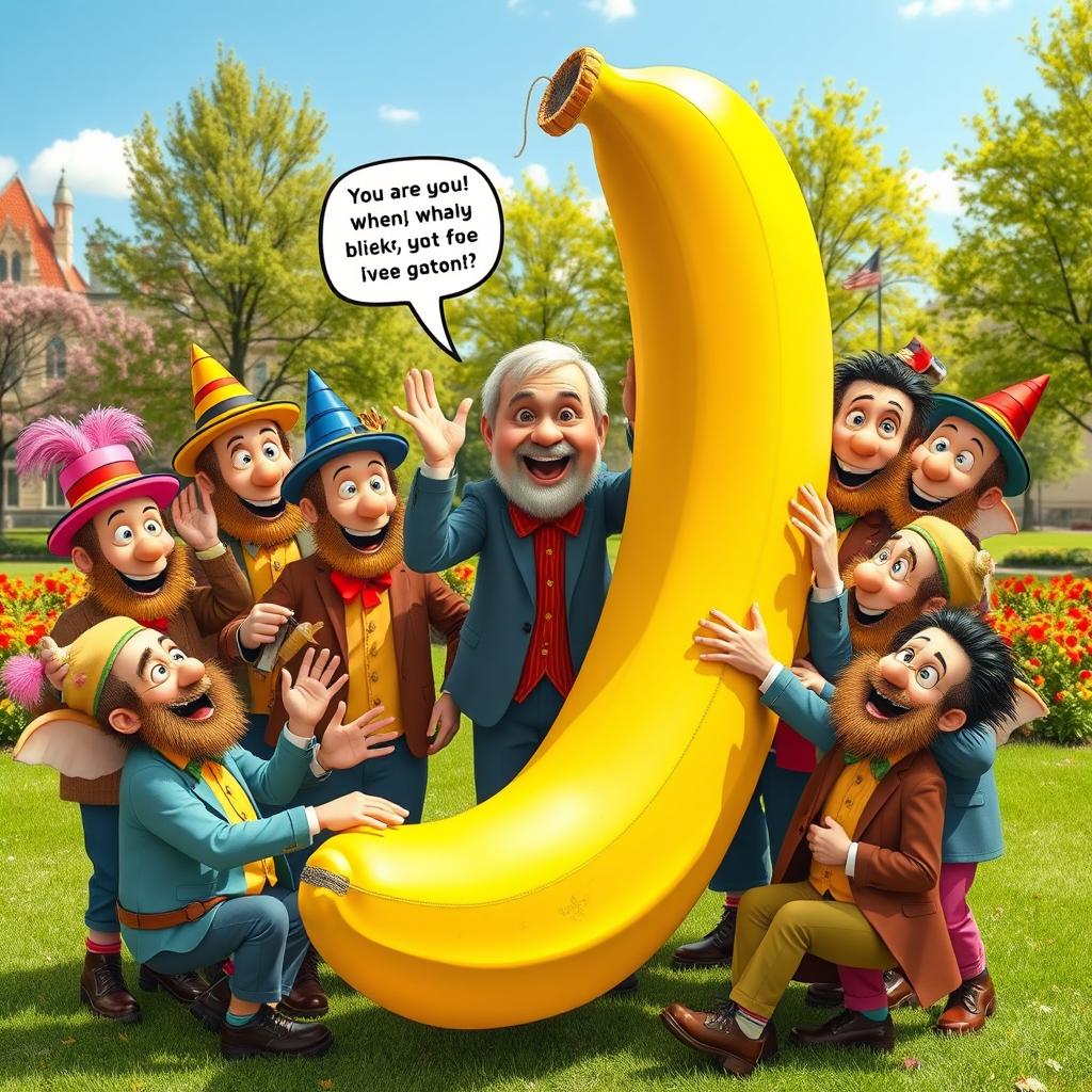 A whimsical scene featuring 19 cheerful male characters bending an oversized banana in creative ways
