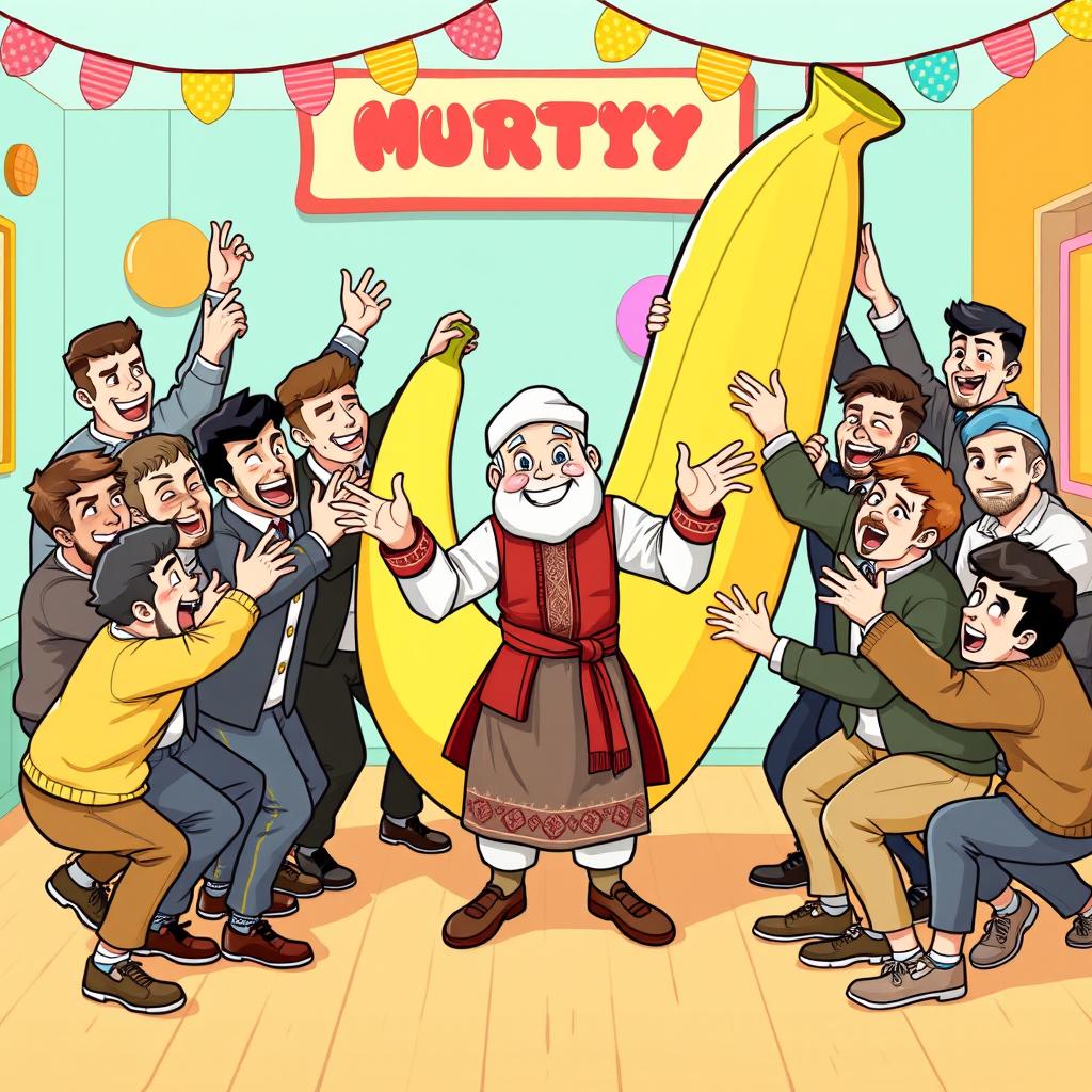 A humorous scene featuring 19 guys in a light-hearted setting, all playfully bending a giant, cartoonish banana