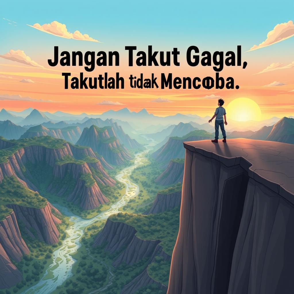 A motivational illustration representing the phrase 'Jangan Takut Gagal, Takutlah Tidak Mencoba'