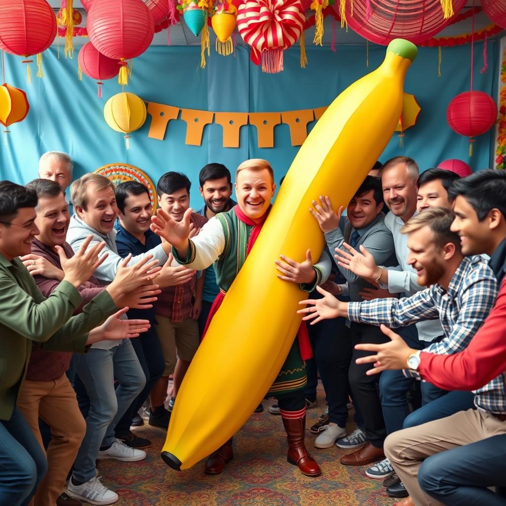 A colorful and humorous scene featuring 19 guys playfully bending a large, exaggerated banana