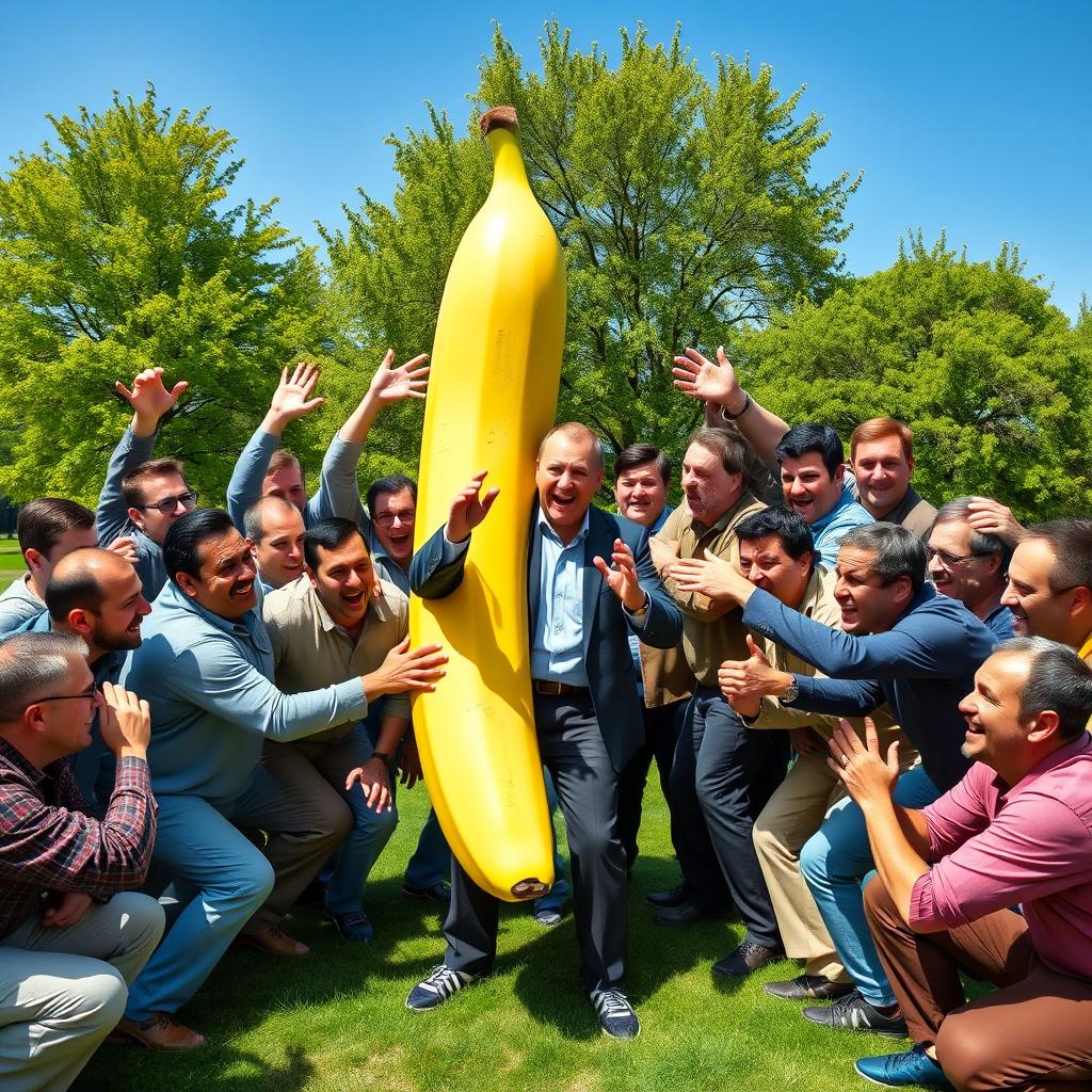A humorous scene depicting 19 men in various comedic positions, all interacting with a large banana, bending it in exaggerated ways
