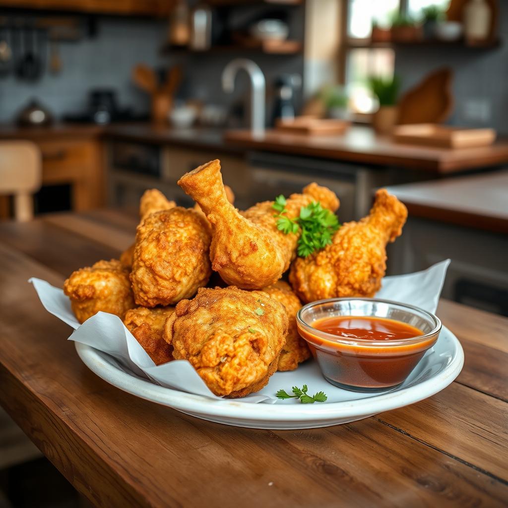 A beautifully presented plate of golden-brown fried chicken, crispy and perfectly seasoned