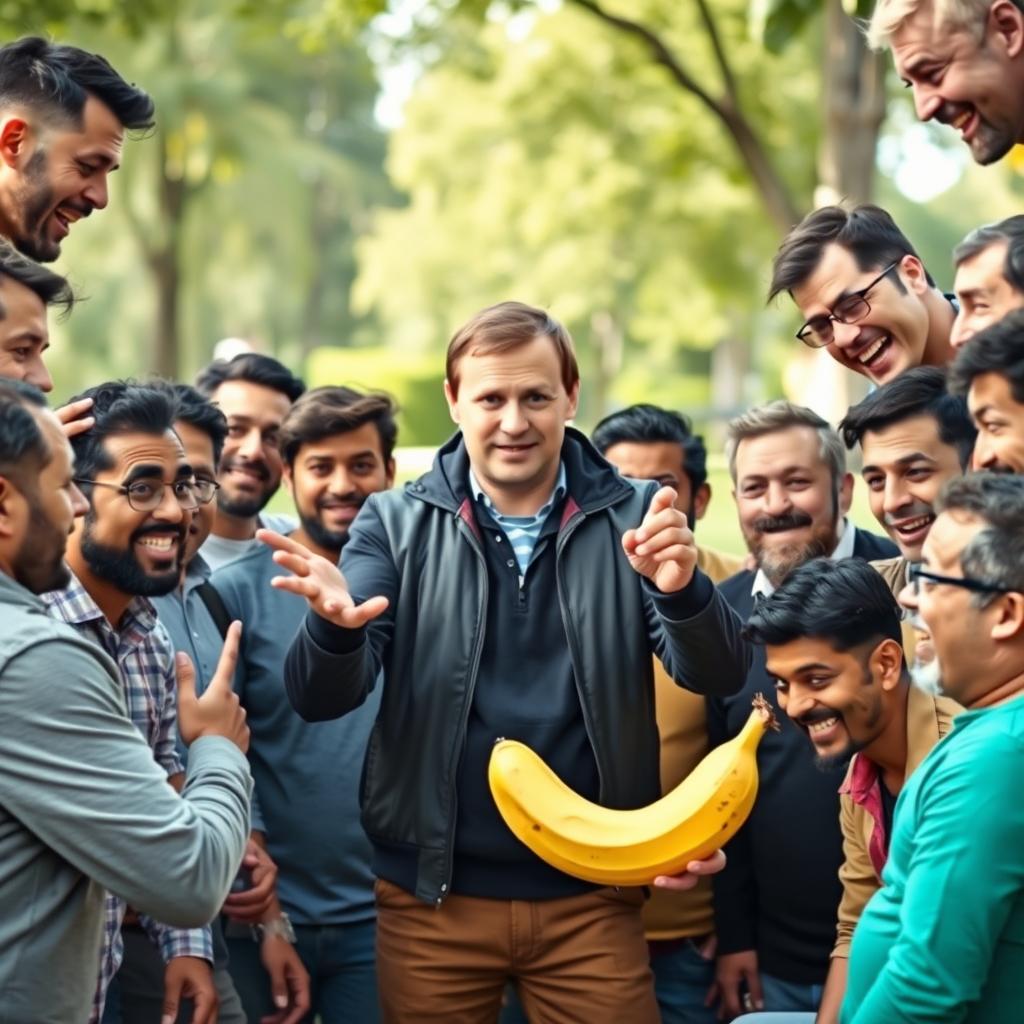 A humorous scene featuring 19 diverse men gathered in a lighthearted atmosphere, all focusing on a banana that one of them is bending playfully