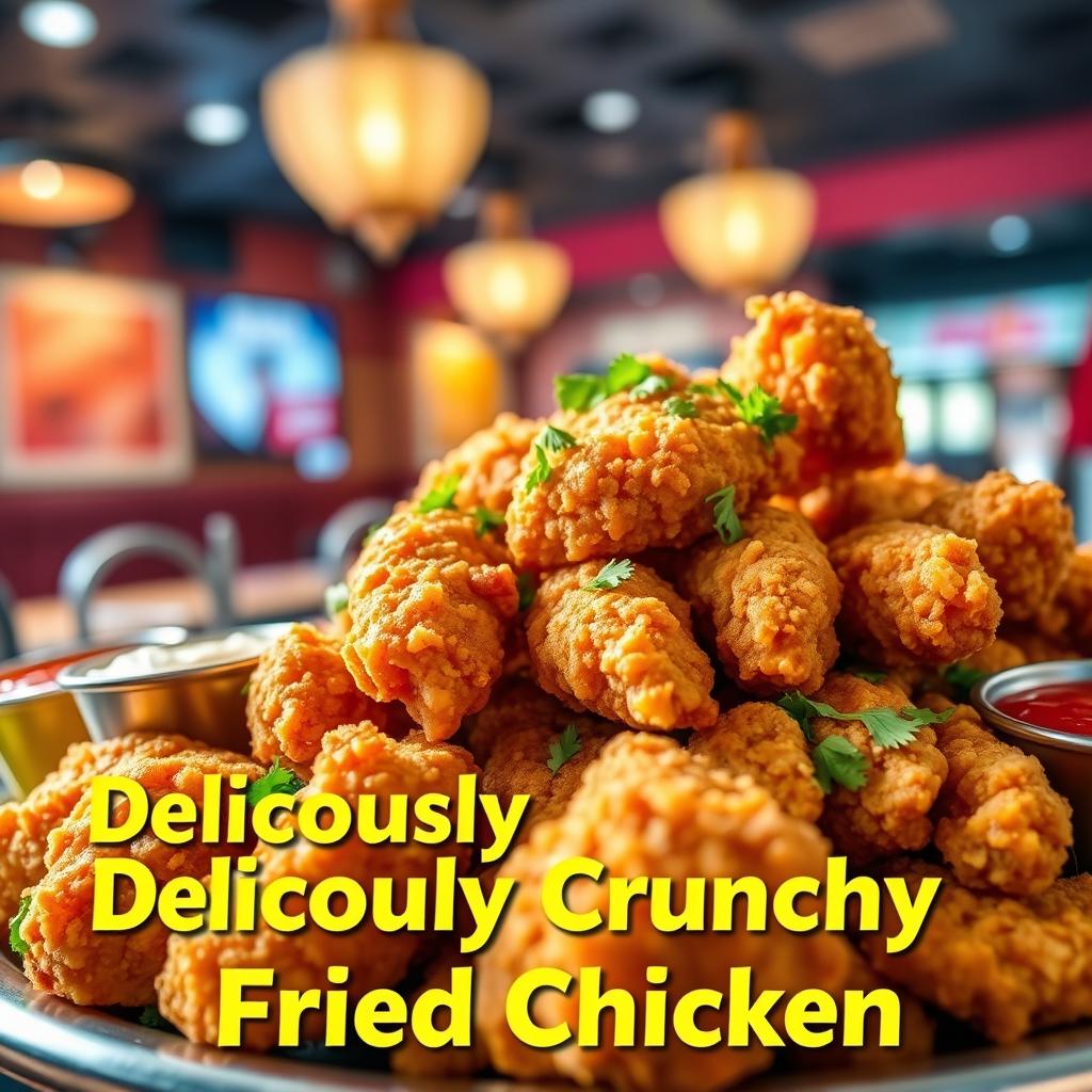 An enticing promotional image of crispy fried chicken, showcasing a platter overflowing with perfectly golden-brown pieces