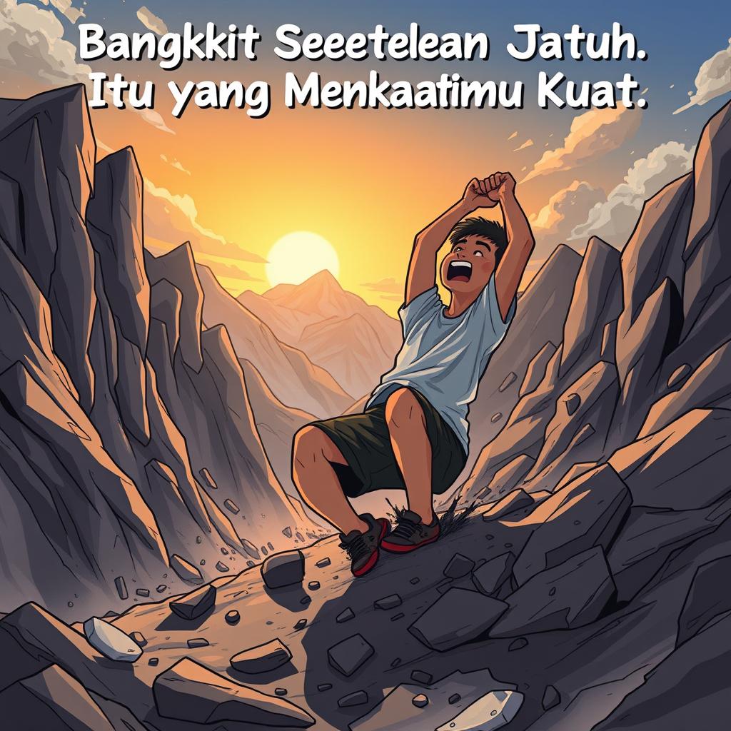 A dramatic and inspiring illustration representing the phrase 'Bangkit Setelah Jatuh, Itu yang Membuatmu Kuat'