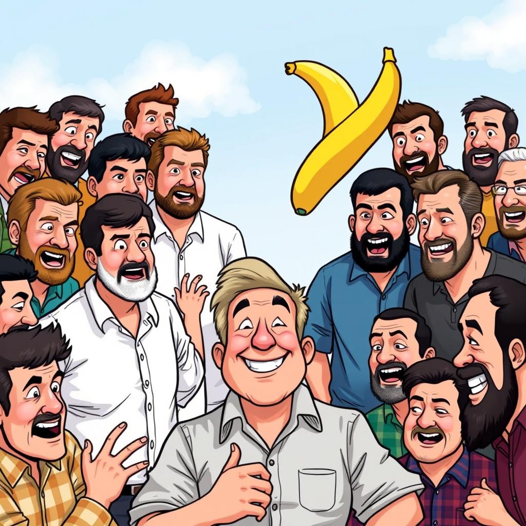 A humorous illustration showcasing 19 men of various backgrounds, all gathered in a lively outdoor setting, eagerly focused on a single banana being bent by one of them