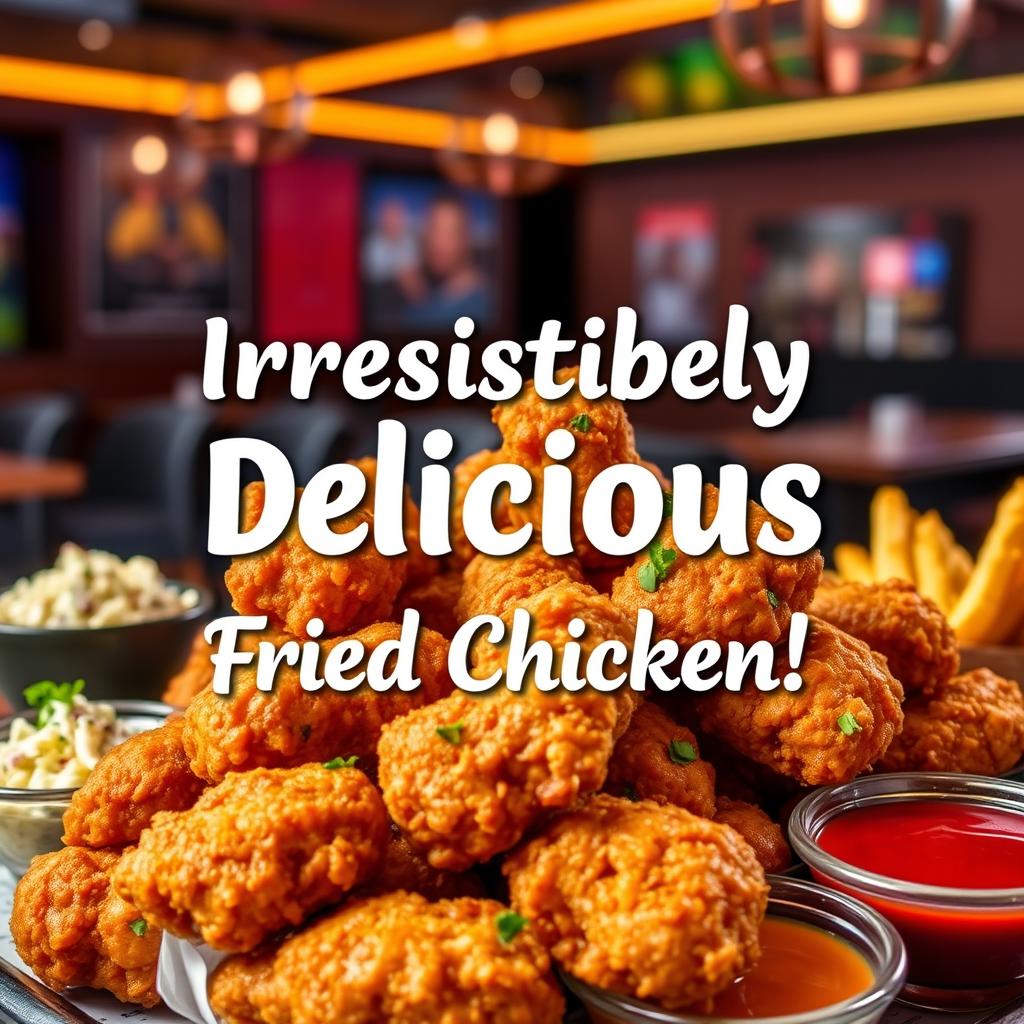 An appealing promotional image of crispy fried chicken, showcasing a generous serving of perfectly fried chicken pieces, glistening with a golden crust
