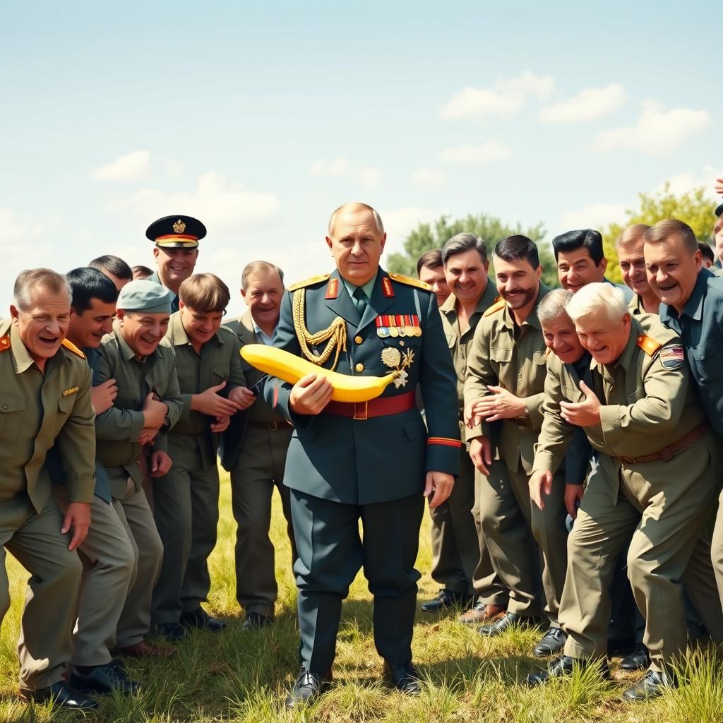 A comical and energetic scene depicting 19 men of various nationalities working together in an open field, focused intently on a single banana that one of them is bending
