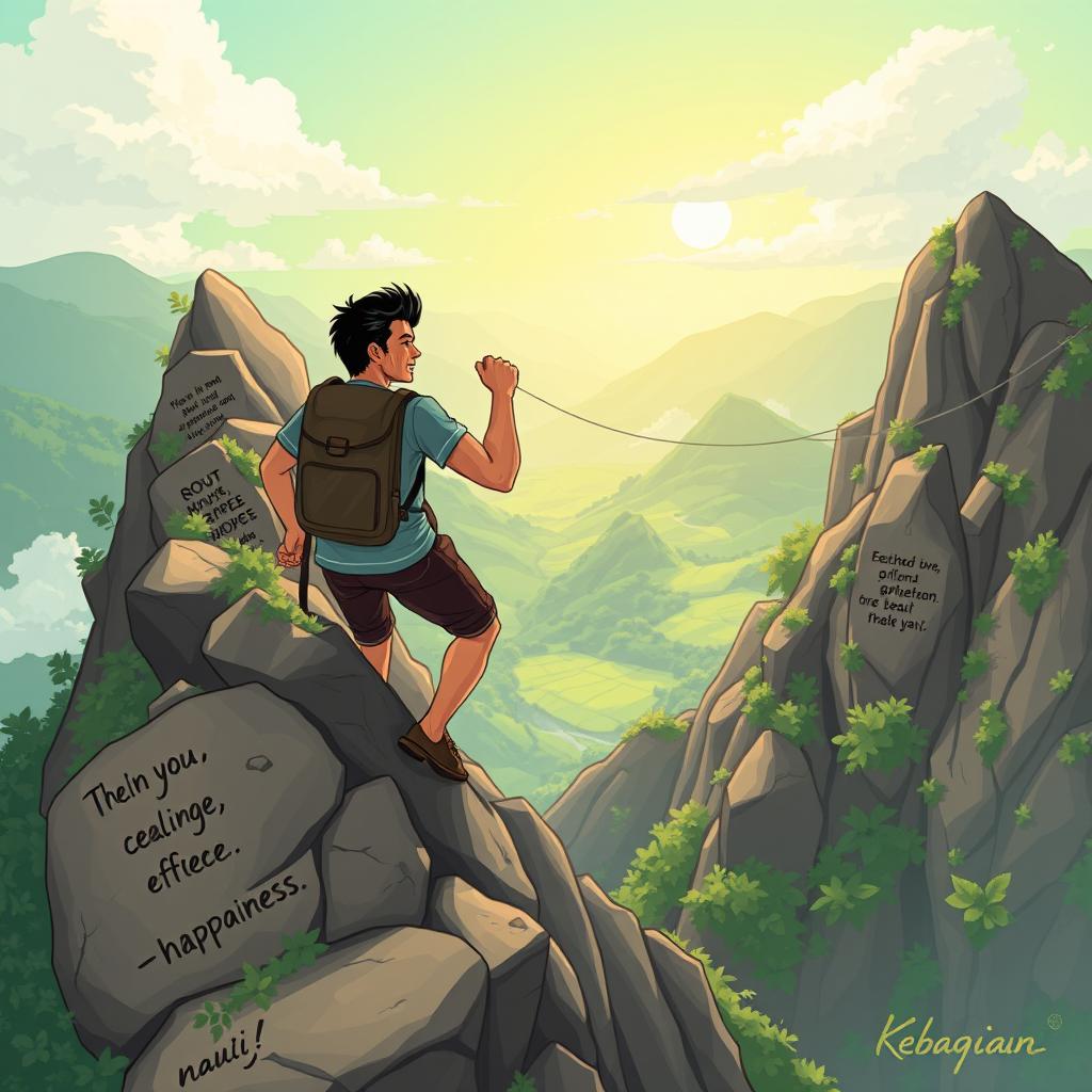 An inspiring illustration that captures the essence of 'Kunci Kebahagiaan: Berjuang Tanpa Henti'