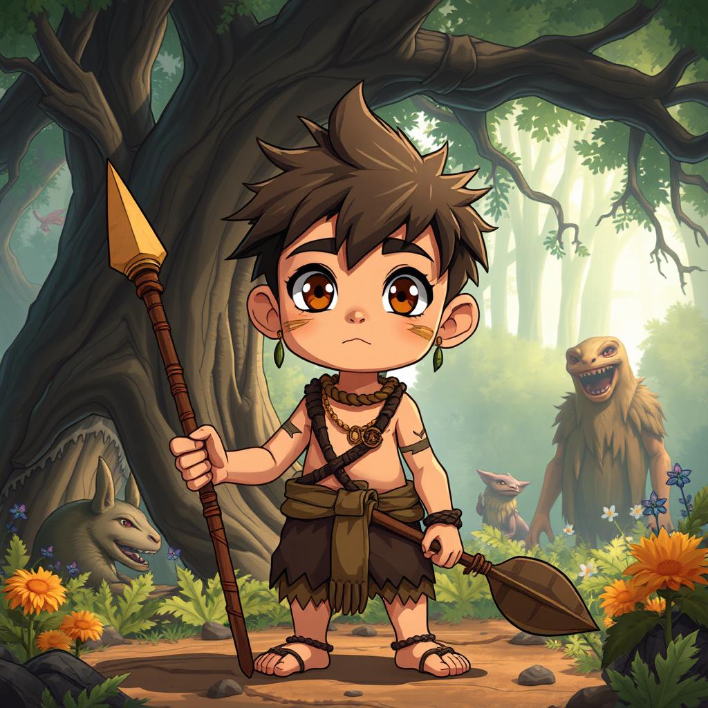 a stylized, primitive anime boy with exaggerated facial features and tribal markings, wearing simple, rugged clothing made of natural materials, set in an ancient forest with large, fantastical trees and mystical creatures peeking through the foliage, showcasing a curious expression and holding a handmade spear, vibrant colors, and a whimsical atmosphere