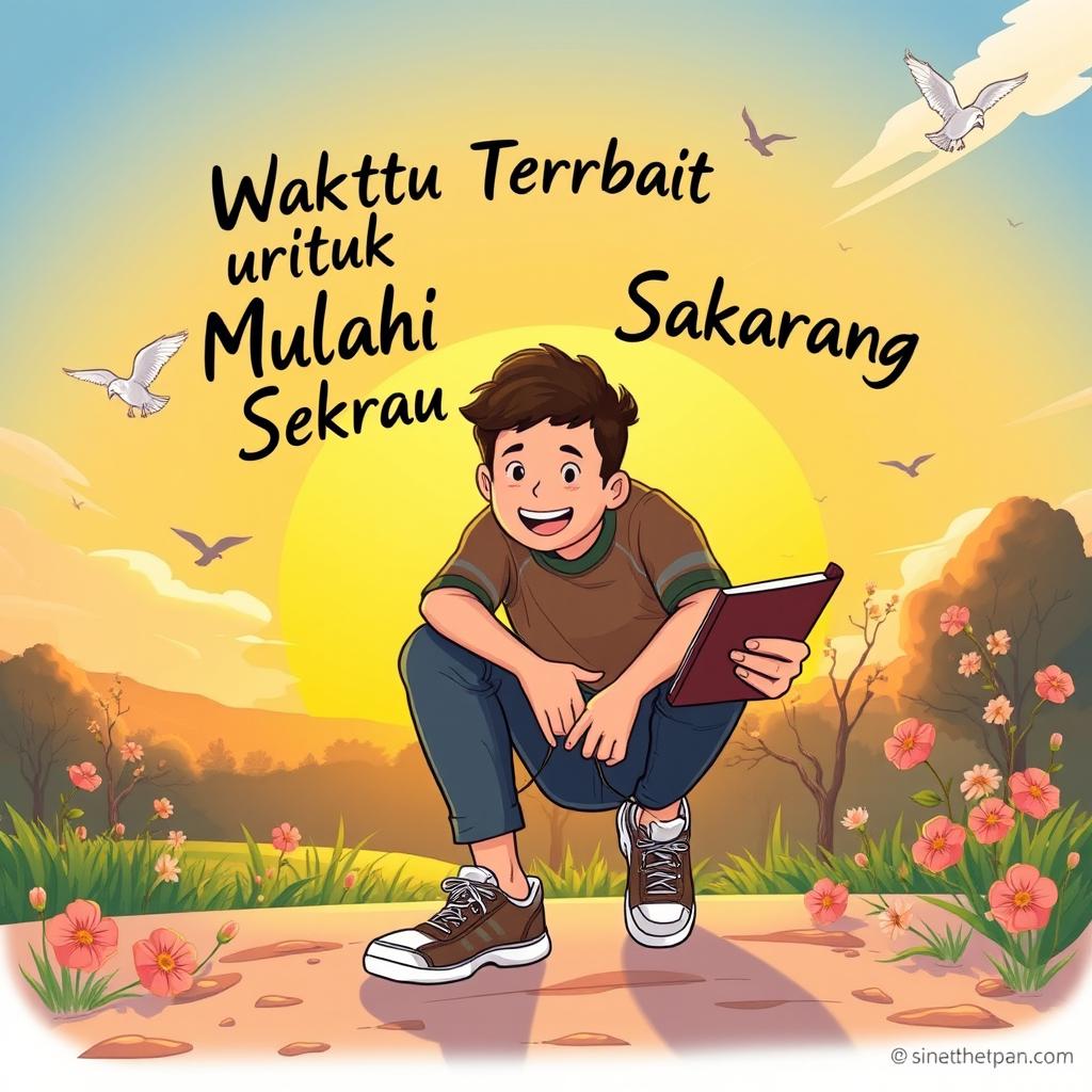 An inspiring illustration visualizing the message 'Waktu Terbaik untuk Mulai Adalah Sekarang'
