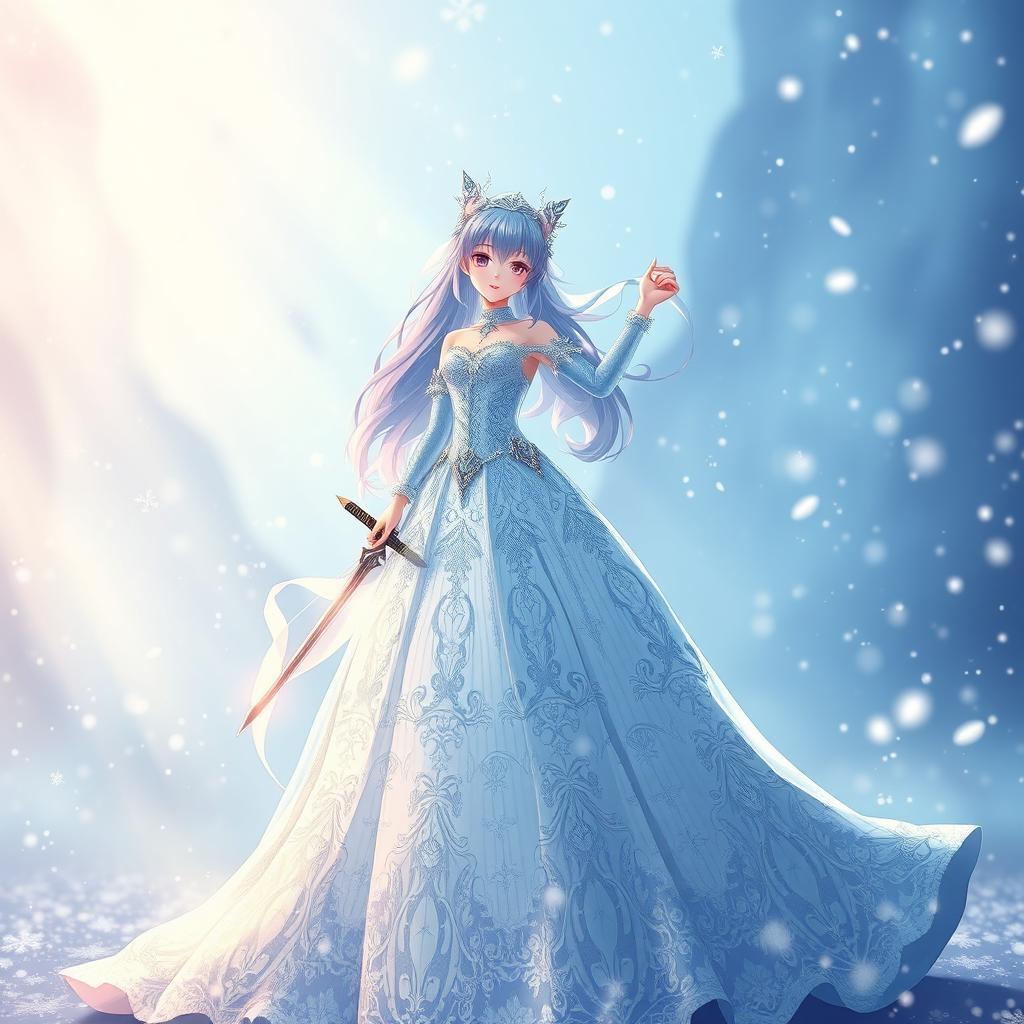 Eula from Genshin Impact wearing an exquisite wedding dress that features a stunning blue and white lace gown adorned with intricate ice crystal details