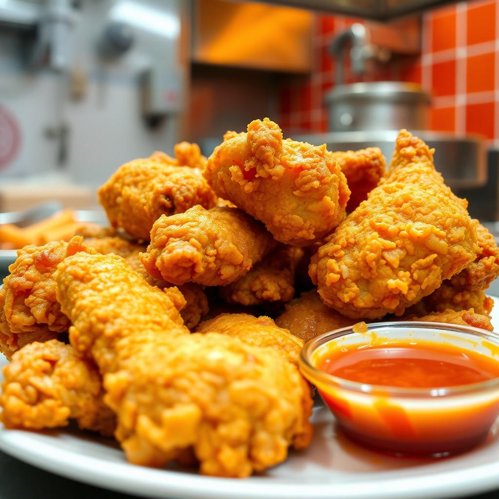 A mouthwatering display of fried chicken, freshly cooked in oil, showcasing crispy, golden pieces that reveal a crunchy texture