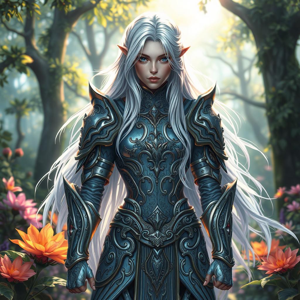 A stunning fantasy character featuring long, flowing silver hair that glimmers under soft light