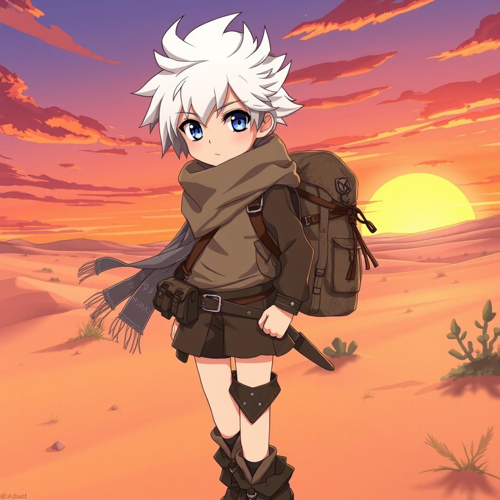 A nomadic anime character with striking white hair, wearing a rugged yet stylish outfit suitable for adventure in a vast, desert-like landscape