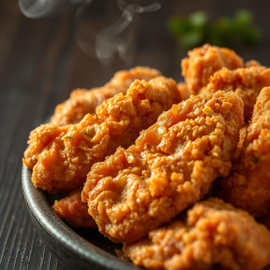 A highly detailed close-up photo of crispy fried chicken, showcasing its golden brown color and perfectly crunchy texture