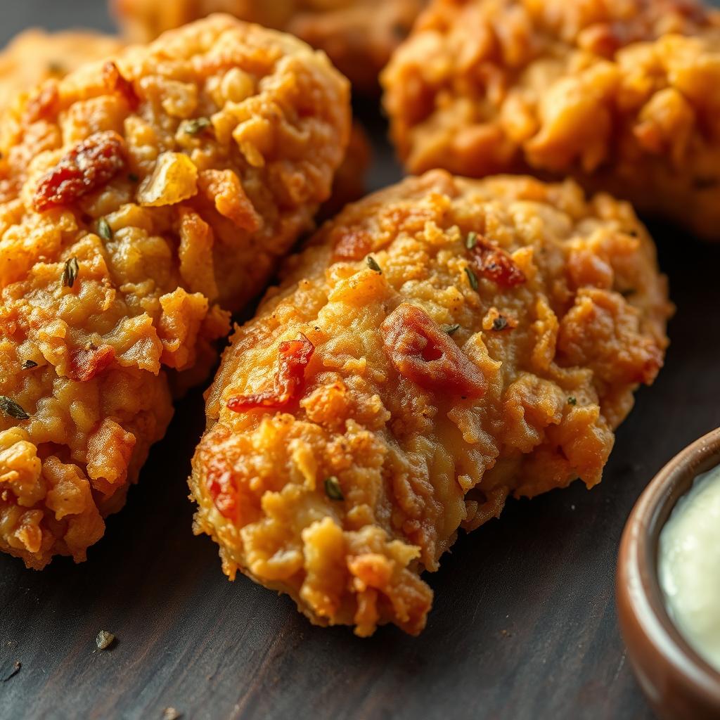 A realistic and highly detailed close-up photo of crispy fried chicken, featuring a golden brown exterior with a perfectly crunchy texture