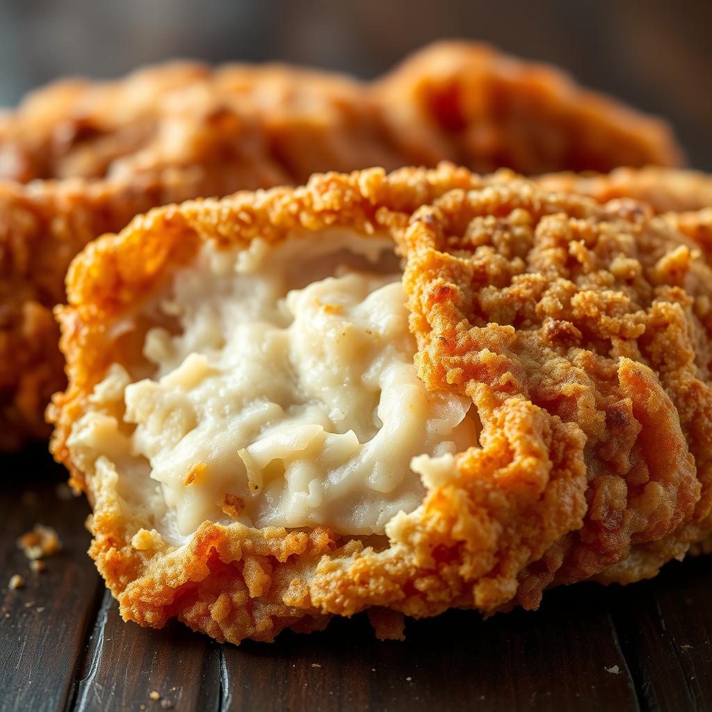 A realistic and highly detailed close-up photo of crispy fried chicken, featuring a rich golden brown color with a perfectly crunchy texture
