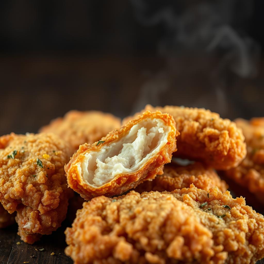 A realistic and highly detailed close-up photo of crispy fried chicken, showcasing its enticing golden brown color with a perfectly crunchy texture