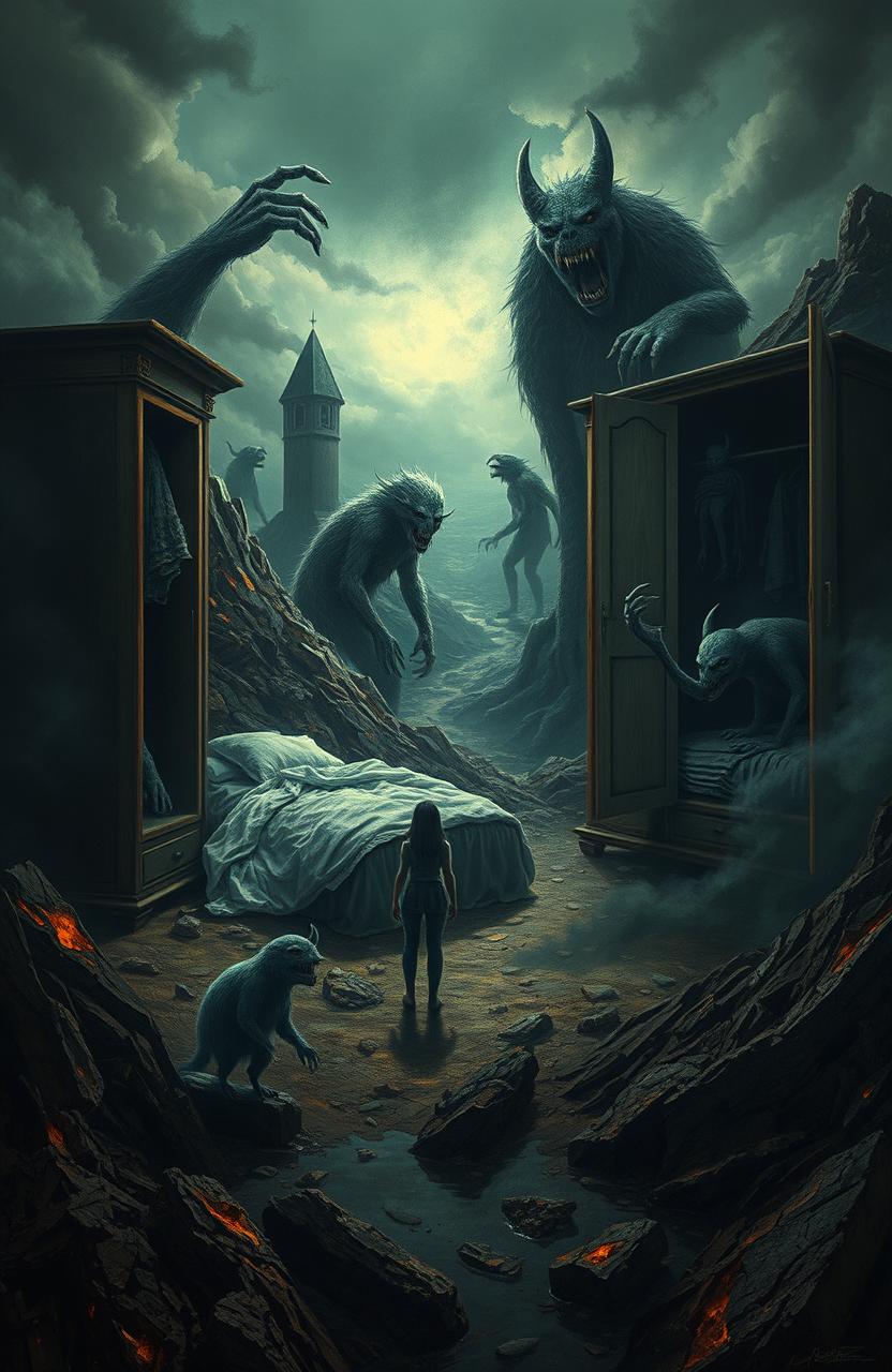 A surreal depiction of a world on the brink of chaos, with dark shadows looming and creatures emerging from wardrobes and under beds, symbolizing hidden fears and truths