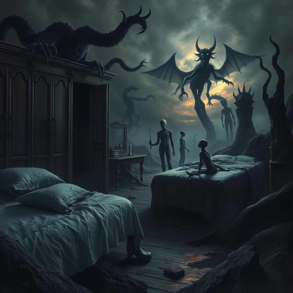 A thought-provoking surreal scene reflecting a world on the edge of despair, where dark, shadowy monsters are creeping out from wardrobes and under beds, embodying hidden fears and unsettling truths