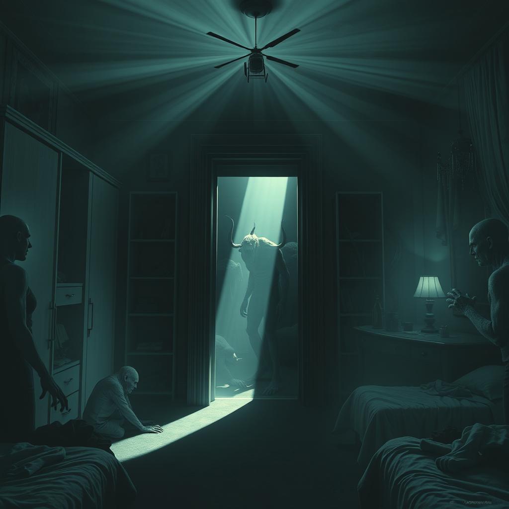 A surreal and thought-provoking scene depicting a world descending into chaos, featuring a shadowy elevator symbolizing descent into despair