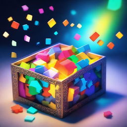 A magic box mysteriously glowing, filled with scattered, colorfully designed puzzle pieces.