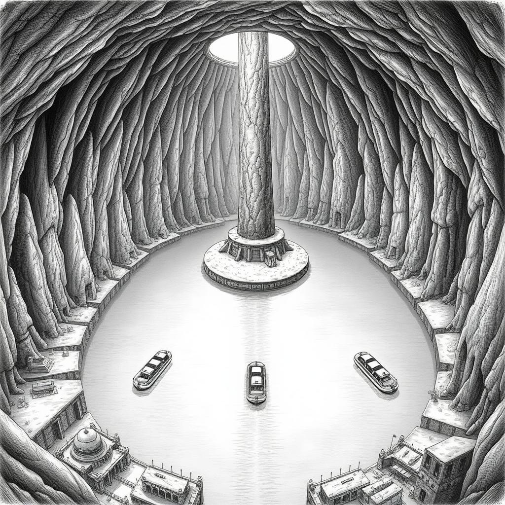 A detailed black and white drawing of a gigantic cavern showcasing a vast central underground lake