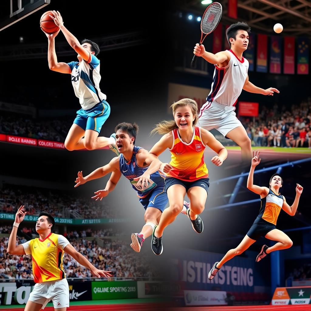 A dynamic sports collage featuring various athletes in action: a basketball player making a slam dunk, a badminton player performing a swift smash, an endurance athlete running on a track, a volleyball player spiking the ball, and a long jumper in mid-air