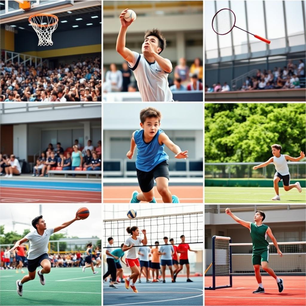 A vibrant sports montage showcasing different school games: 1) A dynamic basketball player making a slam dunk, with a roaring crowd in the background