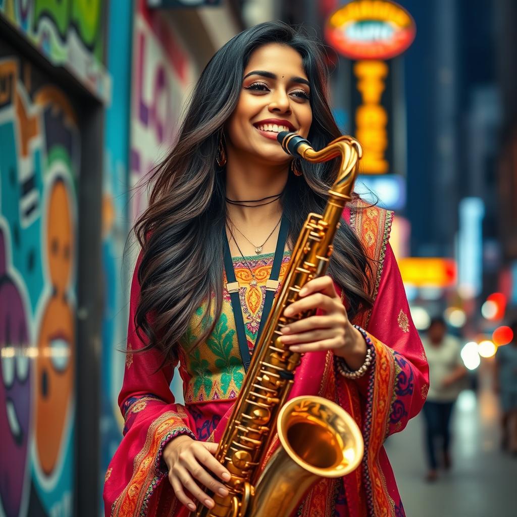 A stylish and confident South Asian woman in a vibrant, traditional outfit with modern twists, playing the saxophone in an urban setting