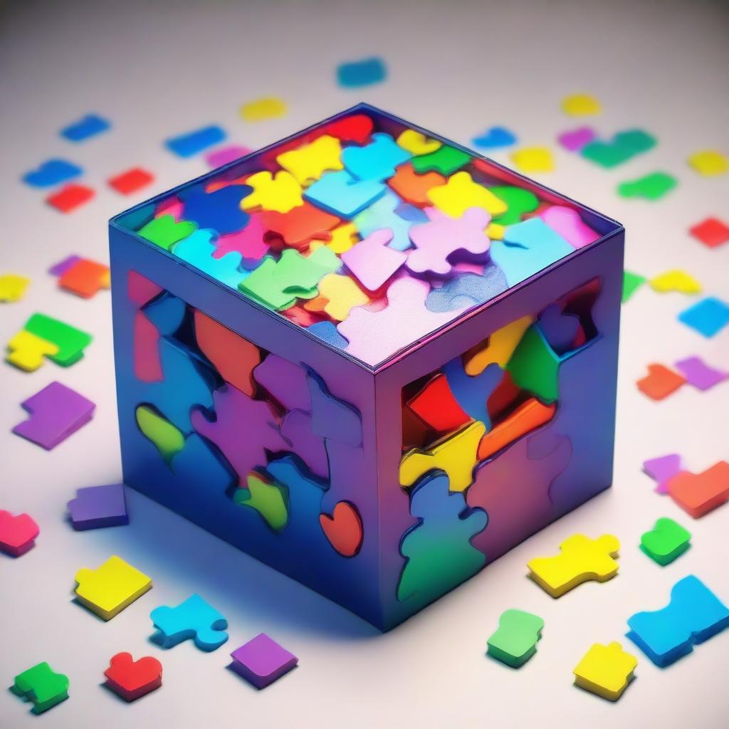 A magic box mysteriously glowing, filled with scattered, colorfully designed puzzle pieces.