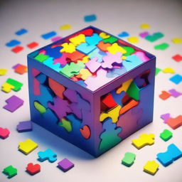 A magic box mysteriously glowing, filled with scattered, colorfully designed puzzle pieces.