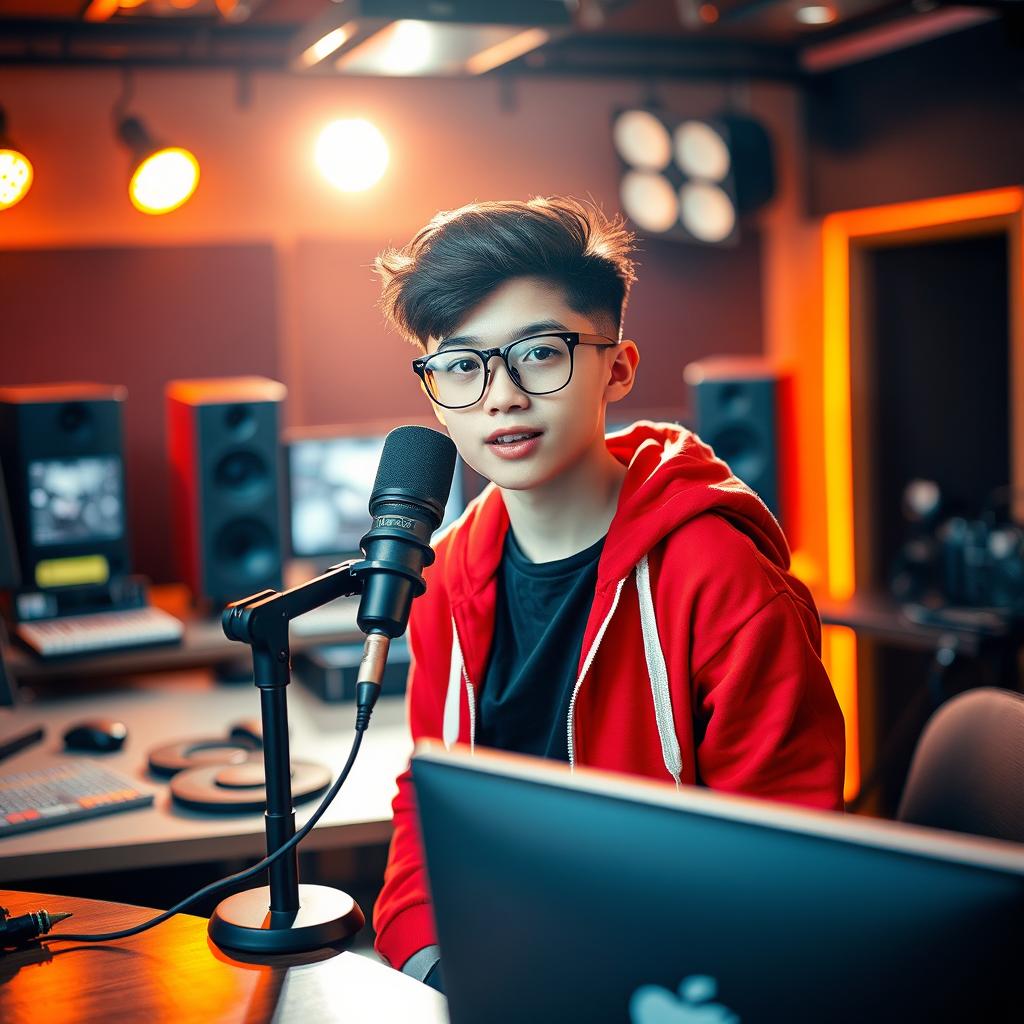 A teenage boy standing behind a studio table, wearing a stylish black shirt and a vibrant red hoodie