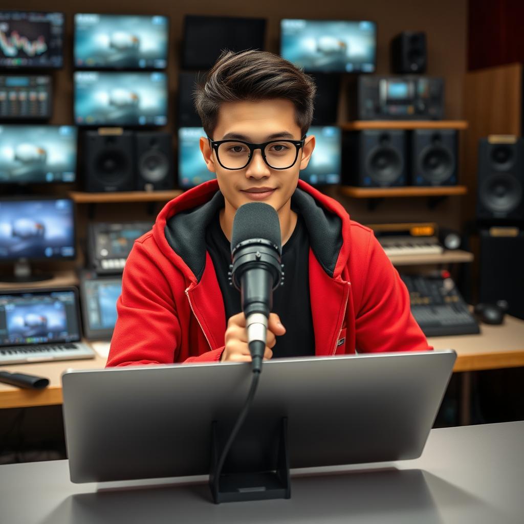 A young male character behind a sleek studio table, wearing a stylish black shirt paired with a vibrant red hoodie