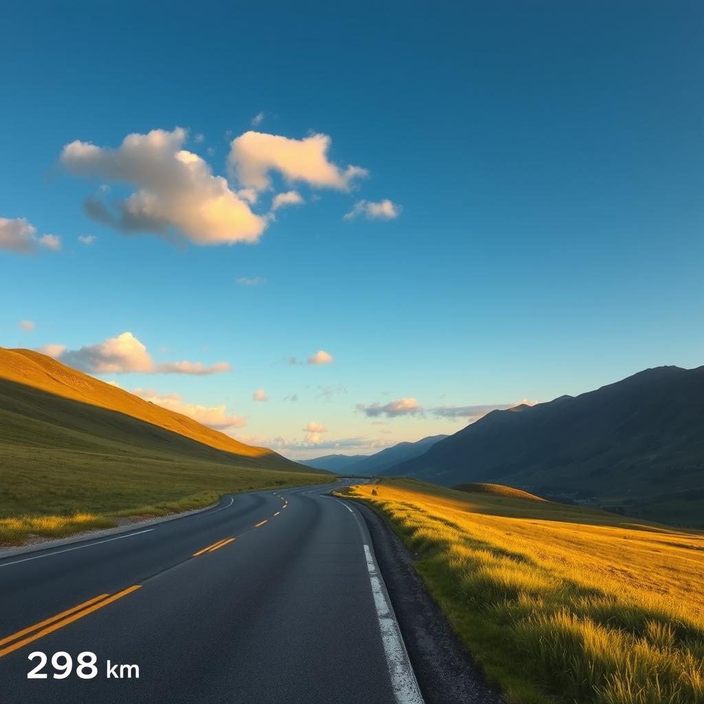 A scenic view of a winding road stretching through a picturesque landscape, surrounded by lush green hills and a clear blue sky