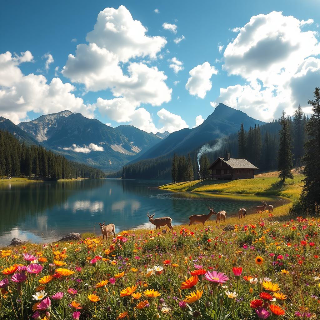A serene mountain landscape with a crystal-clear lake reflecting the surrounding peaks, vibrant wildflowers in the foreground, and a bright blue sky filled with fluffy white clouds