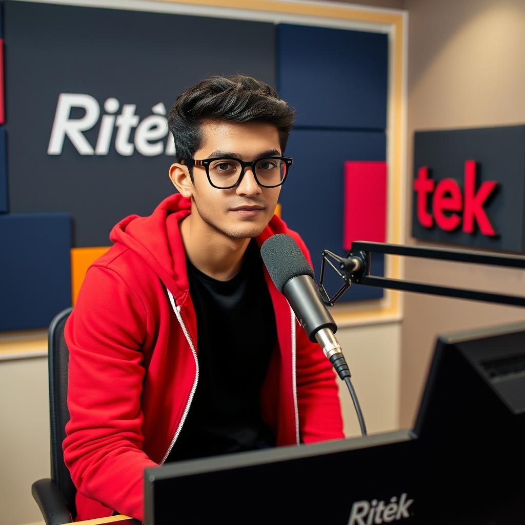 Behind a studio table, a confident young man wearing a stylish black shirt and a vibrant red hoodie showcases attractive glasses