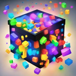 A magic box mysteriously glowing, filled with scattered, colorfully designed puzzle pieces.