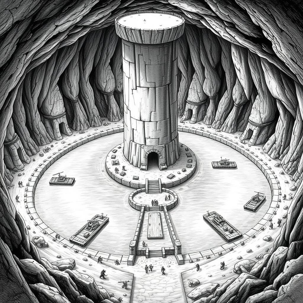 A detailed black and white drawing of a gigantic cavern featuring a large central underground lake